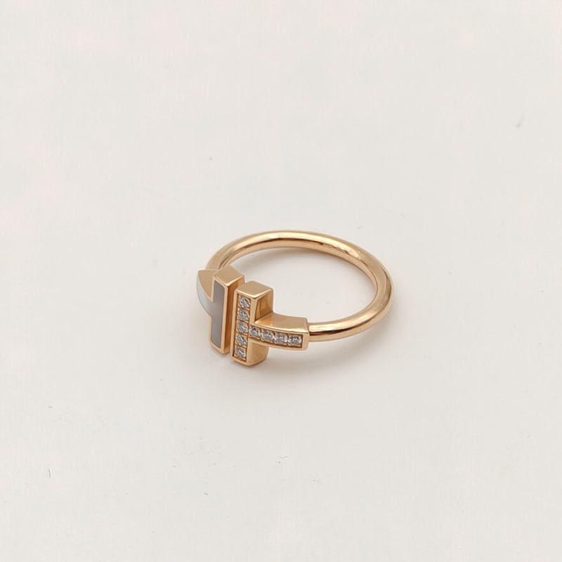 TIFFANY&CO TiffanyT半鑽半貝母線圈戒指18K玫瑰金/鑽石/白貝母51-4