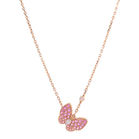 Van Cleef & Arpels 18K玫瑰金/白金Two Butterfly Pendant粉紅色藍寶石/鑽石項鍊