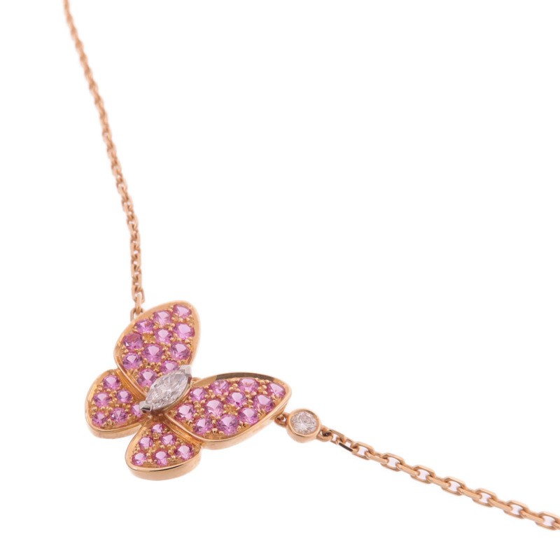 Van Cleef & Arpels 18K玫瑰金/白金Two Butterfly Pendant粉紅色藍寶石/鑽石項鍊-2