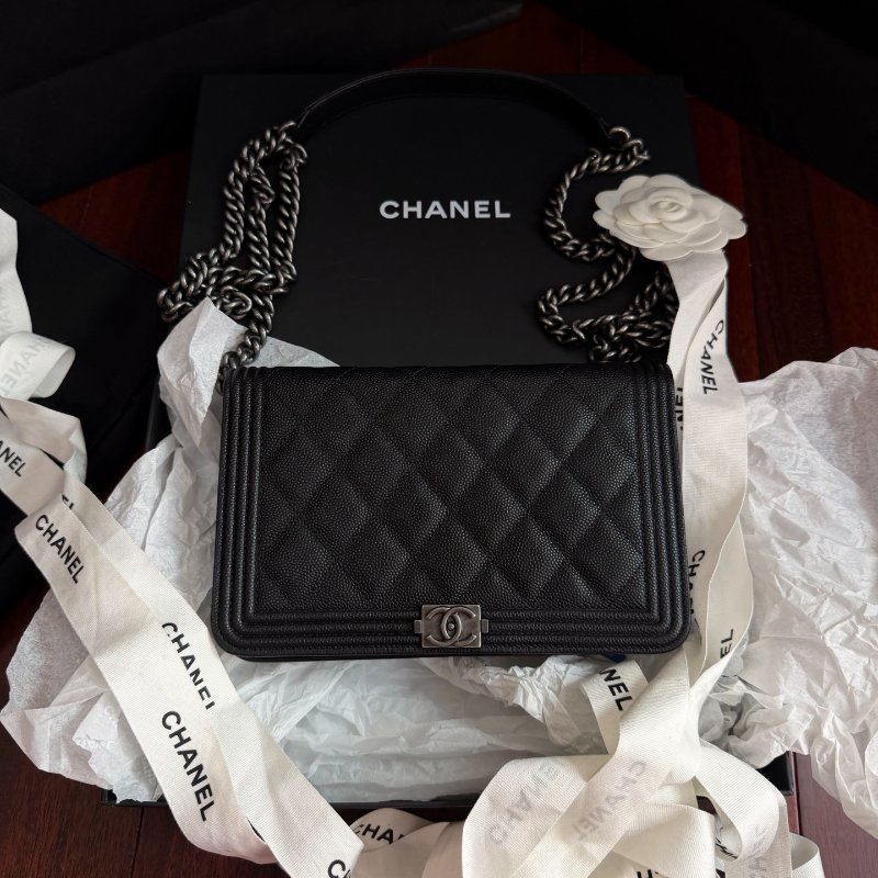 全新品 香奈兒/Chanel leboy繫列黑銀荔枝皮woc鏈條包 芯片款-0
