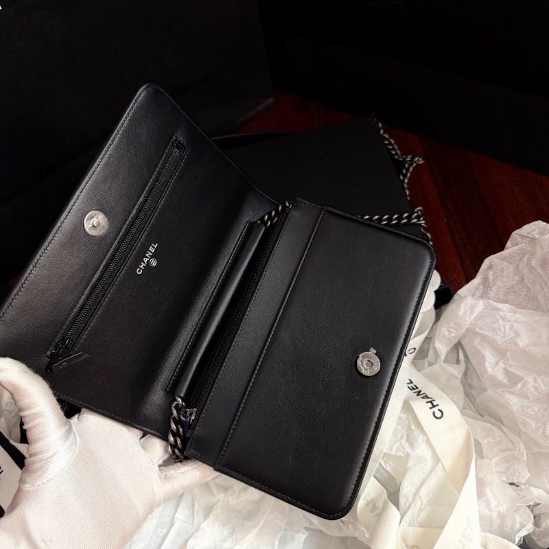 全新品 香奈兒/Chanel leboy繫列黑銀荔枝皮woc鏈條包 芯片款-4