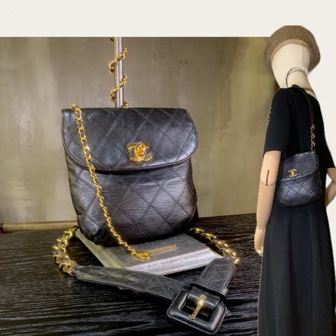 香奈兒黑色經典菱格雙絎縫腰包（With Belt 附原裝腰帶） Chanel Vintage Belt Bag With 24k CC Turn Lock In Black
