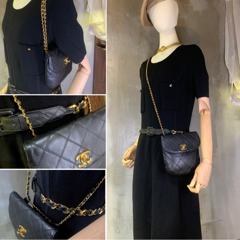 香奈兒黑色經典菱格雙絎縫腰包（With Belt 附原裝腰帶） Chanel Vintage Belt Bag With 24k CC Turn Lock In Black-8