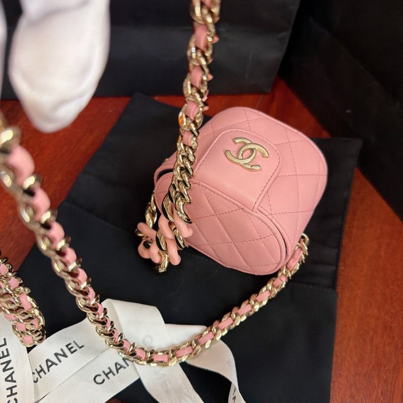 閒置新 香奈兒/Chanel 樹脂Mini化粧盒 粉色羊皮鏈條斜背包-4