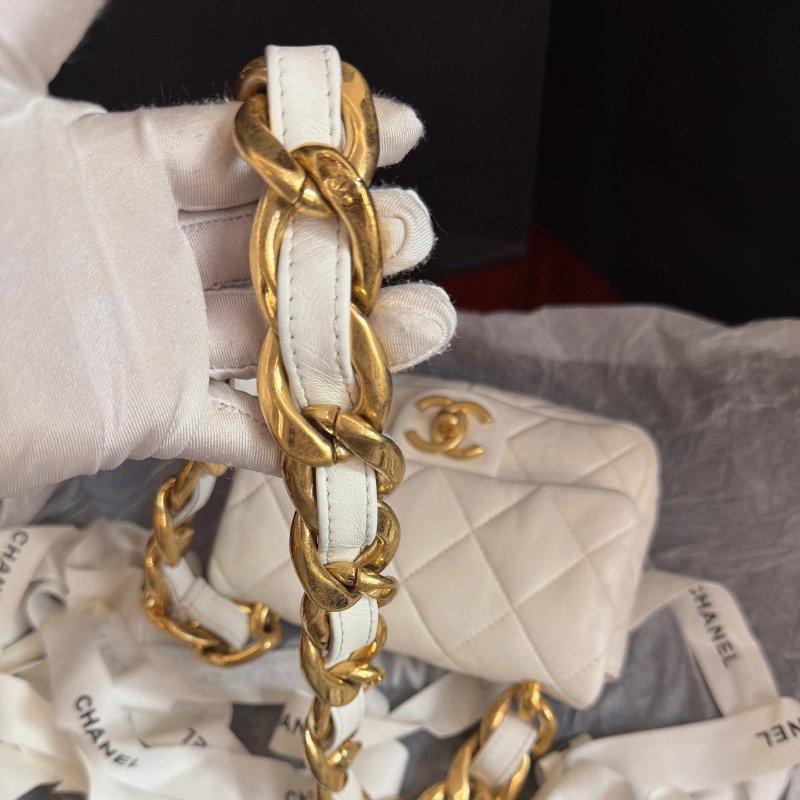 近新品 香奈兒/Chanel 白色金扣 粗鏈條方胖子-8