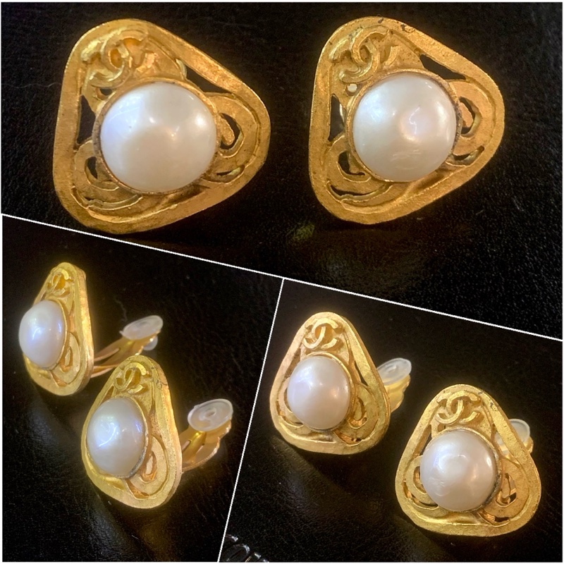 Chanel Vintage Gold/ White Costume Pearl Metal Ear Clips 香奈兒琉璃珍珠耳夾-1