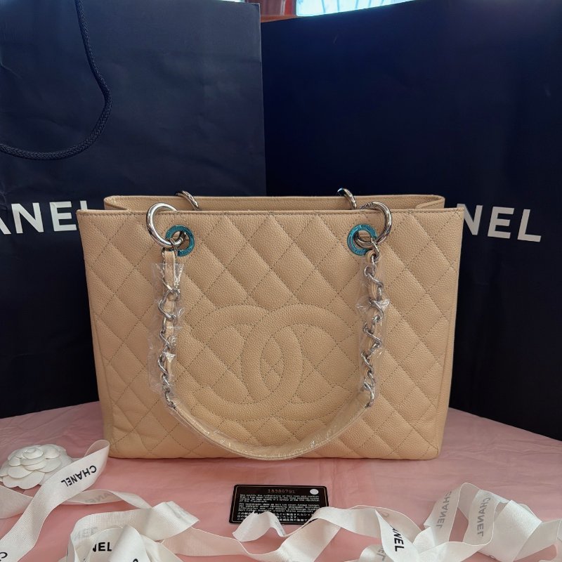閒置新 香奈兒/Chanel GST購物袋 米色銀扣肩背托特包-0