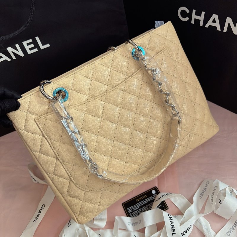 閒置新 香奈兒/Chanel GST購物袋 米色銀扣肩背托特包-6