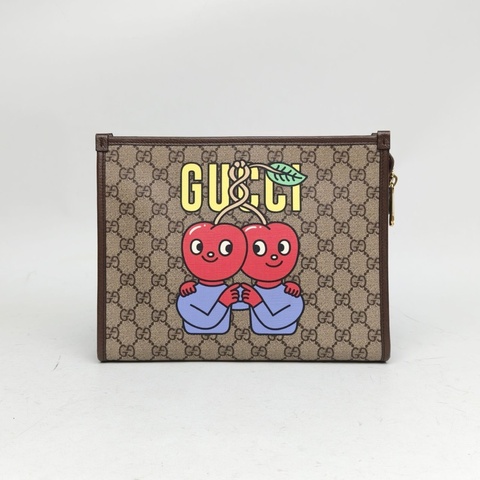 GUCCI 老花PVC櫻桃印花手拿包