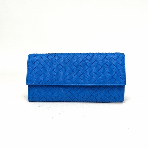 BOTTEGA VENETA 藍色羊皮編織長款錢包