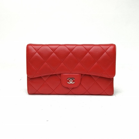 CHANEL 紅色羊皮13開銀扣CF長款三折口蓋錢包