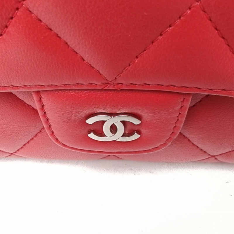 CHANEL 紅色羊皮13開銀扣CF長款三折口蓋錢包-4