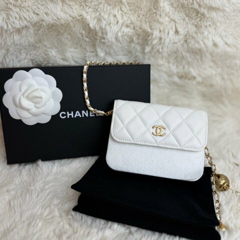 Chanel 小金球 單肩包 白色 菱格紋 羊皮 雙金球 鏈條