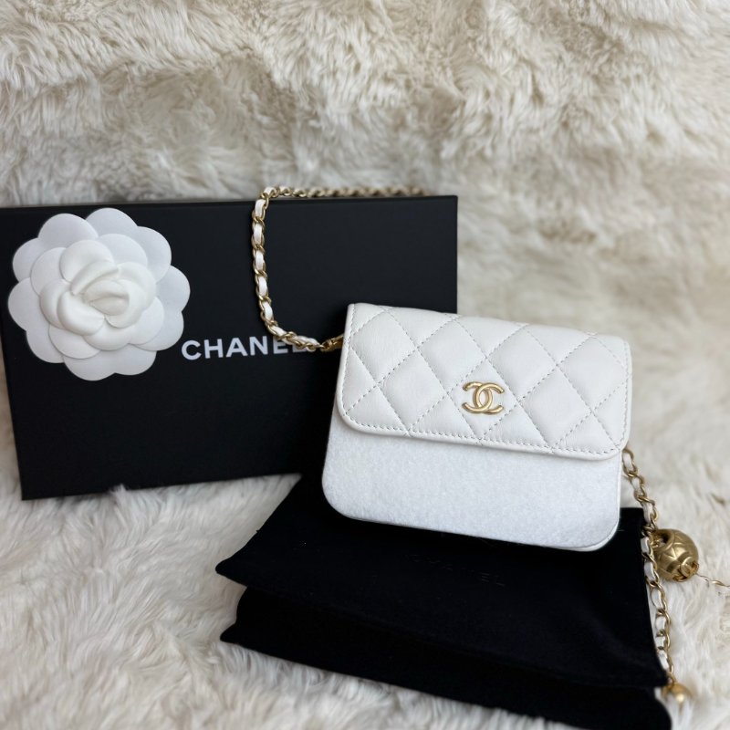 Chanel 小金球 單肩包 白色 菱格紋 羊皮 雙金球 鏈條-0