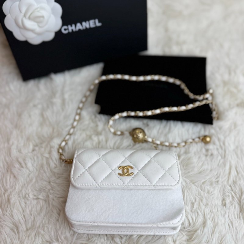 Chanel 小金球 單肩包 白色 菱格紋 羊皮 雙金球 鏈條-1