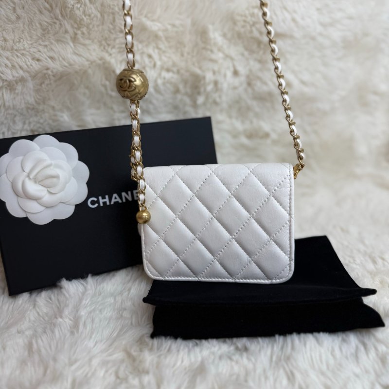 Chanel 小金球 單肩包 白色 菱格紋 羊皮 雙金球 鏈條-2