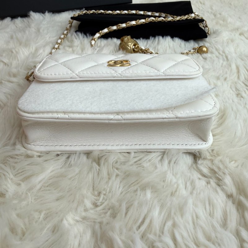 Chanel 小金球 單肩包 白色 菱格紋 羊皮 雙金球 鏈條-3