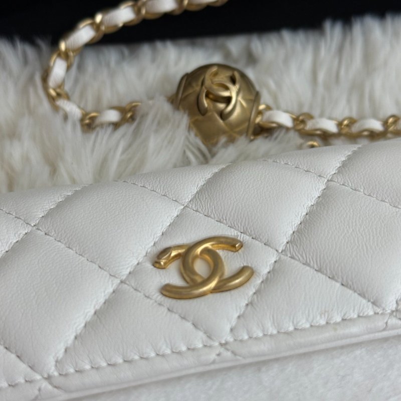 Chanel 小金球 單肩包 白色 菱格紋 羊皮 雙金球 鏈條-5
