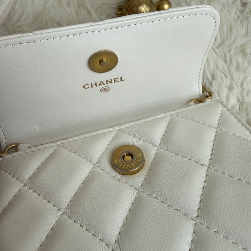 Chanel 小金球 單肩包 白色 菱格紋 羊皮 雙金球 鏈條-6