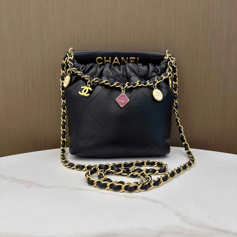 Chanel香奈兒 23p芯片黑色金扣羊皮彩寶福袋單肩斜挎包  尺寸：17*16cm-1