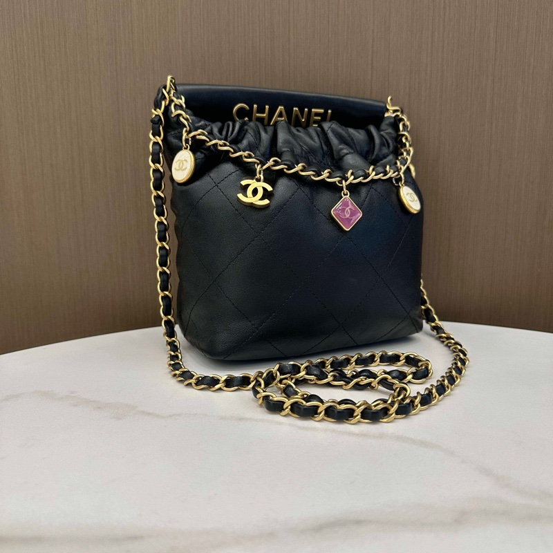 Chanel香奈兒 23p芯片黑色金扣羊皮彩寶福袋單肩斜挎包  尺寸：17*16cm-2