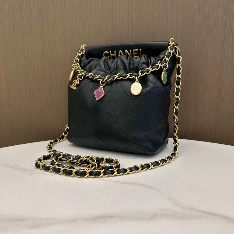 Chanel香奈兒 23p芯片黑色金扣羊皮彩寶福袋單肩斜挎包  尺寸：17*16cm-3