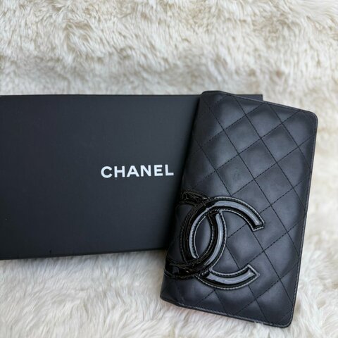 Chanel 康鵬 長款 黑色 菱格紋 牛皮 大號 黑色漆皮 LOGO