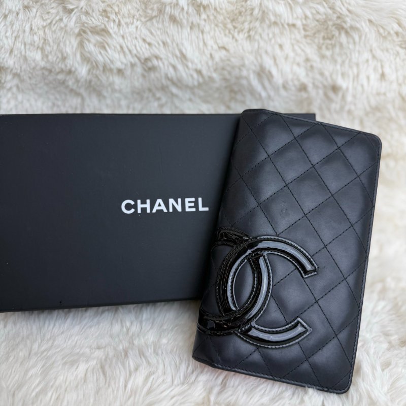 Chanel 康鵬 長款 黑色 菱格紋 牛皮 大號 黑色漆皮 LOGO-0