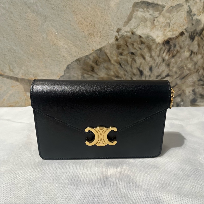 Celine黑金牛皮凱旋門WOC鏈條斜背包-0