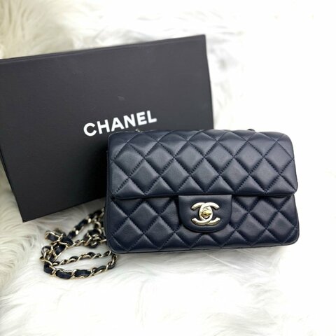 Chanel CLASSIC FLAP 深藍色 菱格纹 羊皮 mini 金扣
