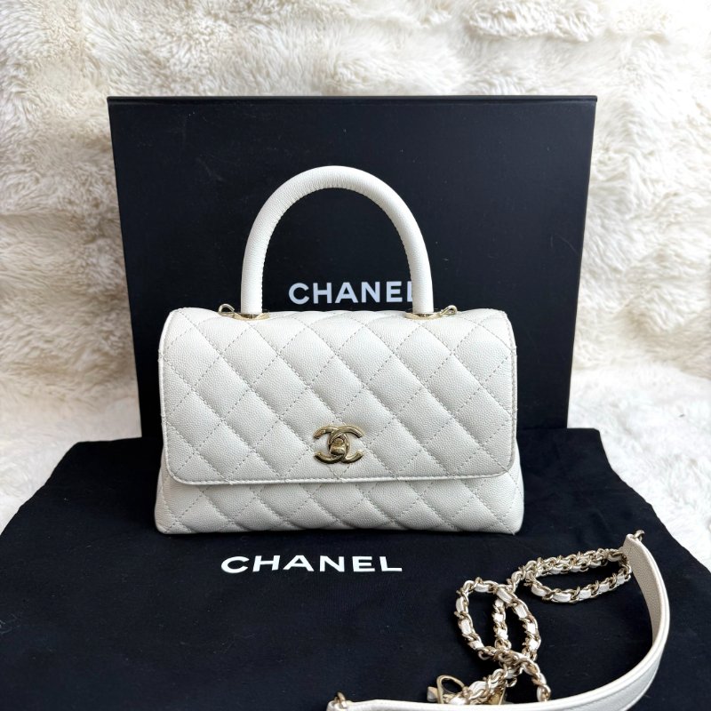 Chanel COCO HANDLE 白色 菱格紋 荔枝牛皮 小號 金扣-0