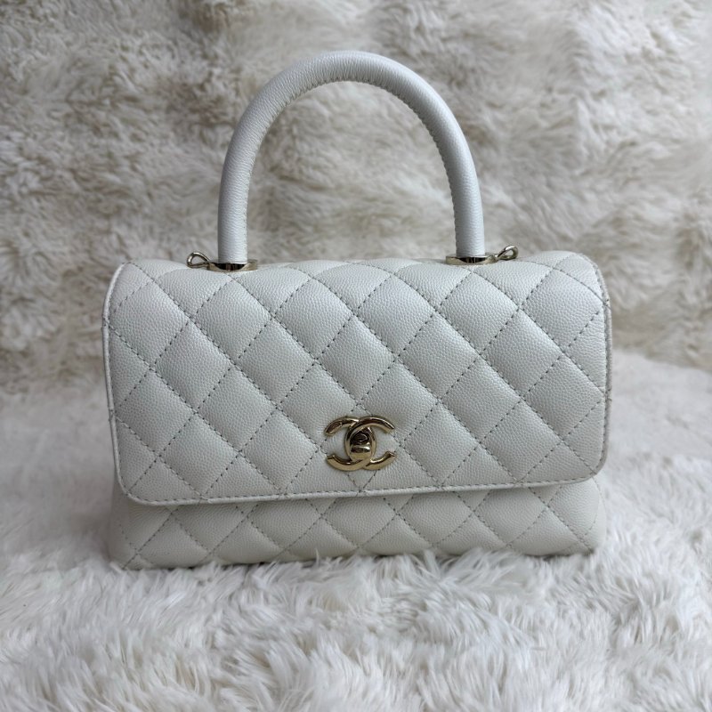 Chanel COCO HANDLE 白色 菱格紋 荔枝牛皮 小號 金扣-1