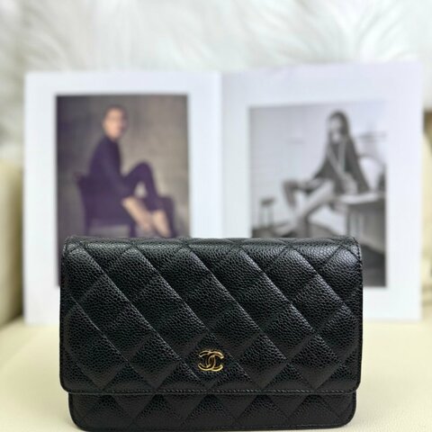 Chanel WOC 黑色 菱格紋 荔枝牛皮 金扣