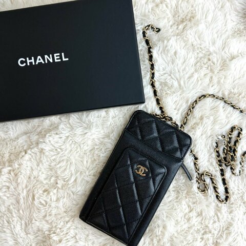Chanel 薯條包 手機包 黑色 菱格紋 羊皮 小號 雙C標