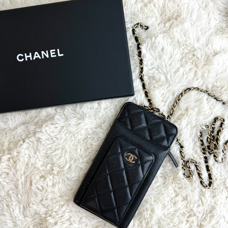 Chanel 薯條包 手機包 黑色 菱格紋 羊皮 小號 雙C標-0