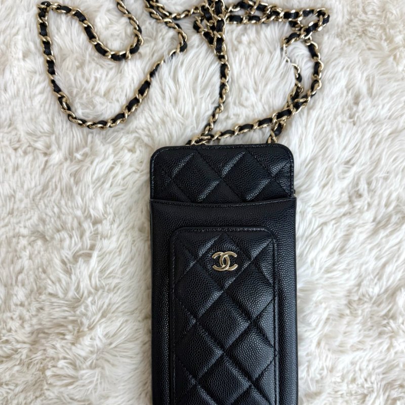 Chanel 薯條包 手機包 黑色 菱格紋 羊皮 小號 雙C標-1
