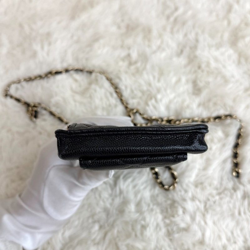 Chanel 薯條包 手機包 黑色 菱格紋 羊皮 小號 雙C標-5