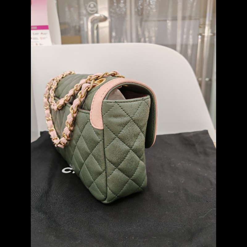 Chanel Flap bag 橄欖綠拼粉色-2