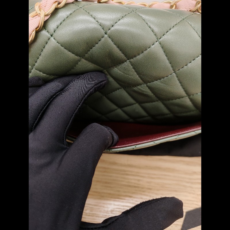 Chanel Flap bag 橄欖綠拼粉色-10