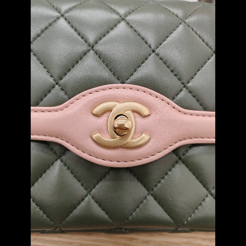 Chanel Flap bag 橄欖綠拼粉色-11