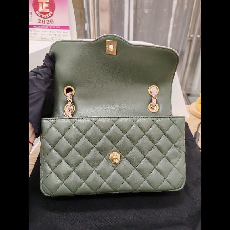 Chanel Flap bag 橄欖綠拼粉色-12