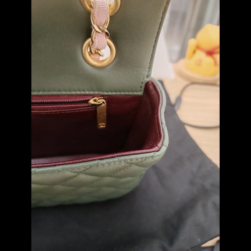Chanel Flap bag 橄欖綠拼粉色-13
