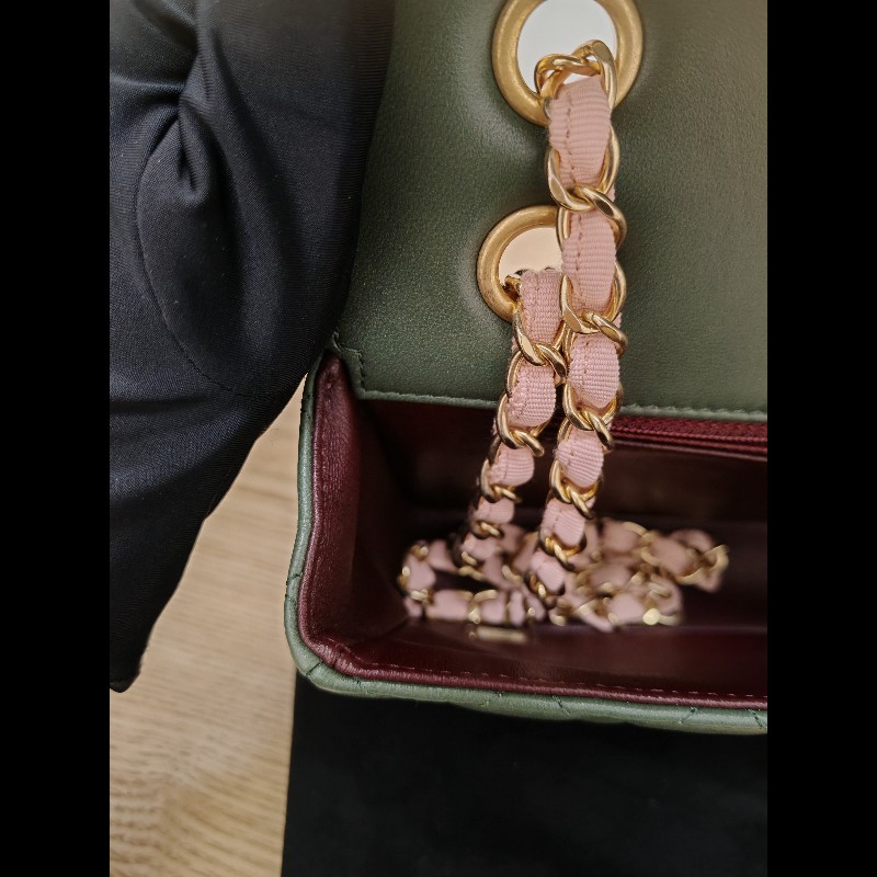 Chanel Flap bag 橄欖綠拼粉色-14