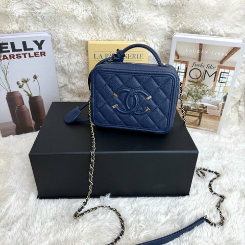 Chanel Vanity Case 相機包 海軍藍色 格紋 牛皮 中號 金扣