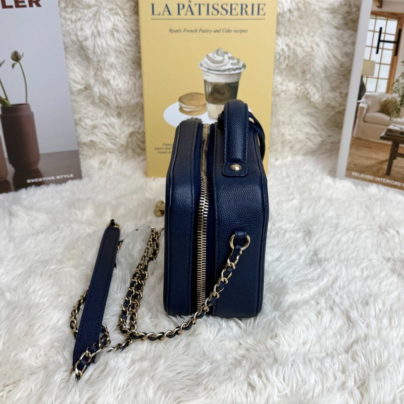 Chanel Vanity Case 相機包 海軍藍色 格紋 牛皮 中號 金扣-2