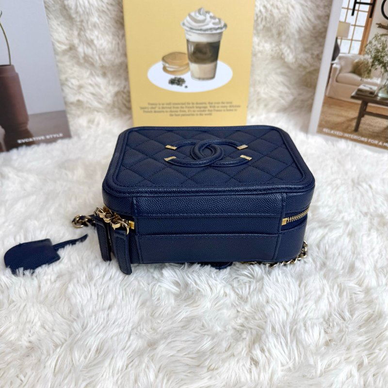 Chanel Vanity Case 相機包 海軍藍色 格紋 牛皮 中號 金扣-3