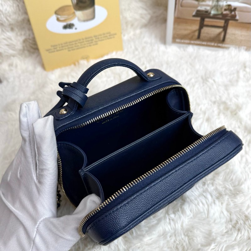Chanel Vanity Case 相機包 海軍藍色 格紋 牛皮 中號 金扣-4