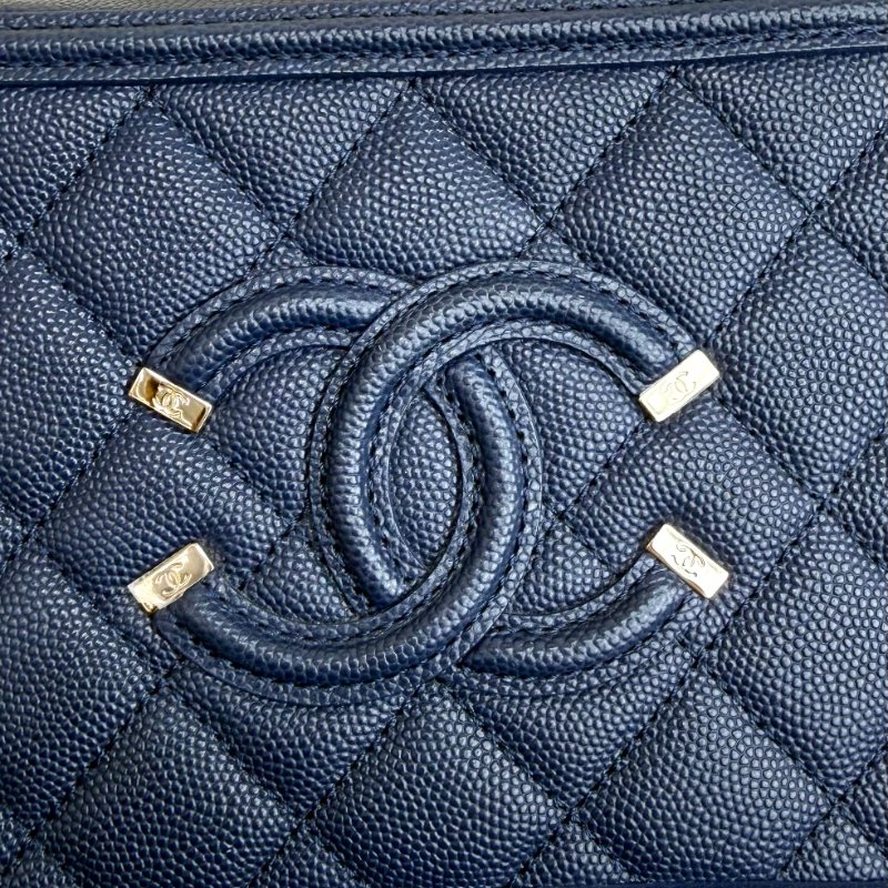 Chanel Vanity Case 相機包 海軍藍色 格紋 牛皮 中號 金扣-5