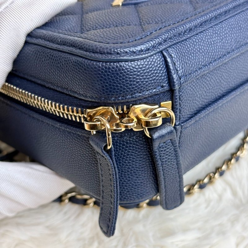 Chanel Vanity Case 相機包 海軍藍色 格紋 牛皮 中號 金扣-6