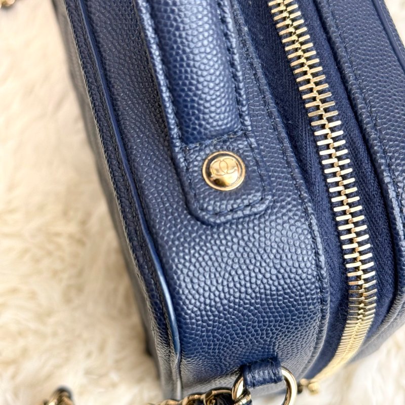 Chanel Vanity Case 相機包 海軍藍色 格紋 牛皮 中號 金扣-8